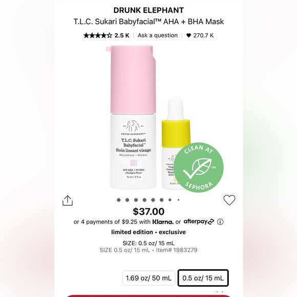 Sold: DRUNK ELEPHANT
T.L.C. Sukari Babyfacial™M AHA + BHA Mask - Picture 2 of 2